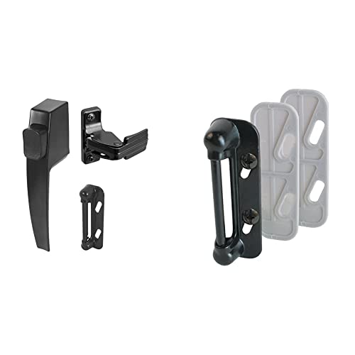 Prime-Line K 5007 Screen and Storm Door Push Button Latch Set with Night Lock & Prime-Line K 5004 Prime-Line Resilient Spring Strike Plate, for Use with Rigid Interior Latch, Aluminum, Painted, Black - color: Black, size: 5/8 in. (With Extra Strike Plate)