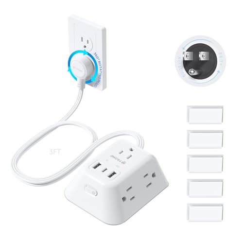 TROND 360° Rotating Plug Power Strip, 3FT Short Extension Cord with Multiple Outlets and 3 USB Ports, 1440 Joules Wall Mount Surge Protector for Bedroom Kitchen Office Dorm Room, White - size: 3 FT