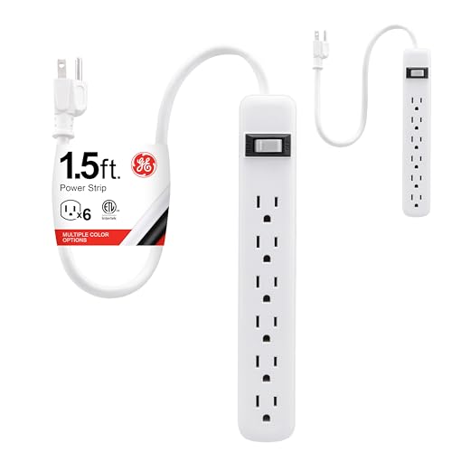 GE 6-Outlet Power Strip, 2 Pack, 1.5 Ft Extension Cord, Heavy Duty Plug, Grounded, Integrated Circuit Breaker, 3-Prong, Wall Mount, ETL Listed, White, 14833 - size: Standard 2 Pack