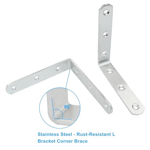 4 Pcs Stainless Steel Corner Brace L Bracket, 4*4*0.8 inch / 100*100*20mm Iron Right Angle Brackets, Metal Joint Right Angle Bracket for Tables, Furniture, Shelves with Screws - size: 4"- 100mm-Silver