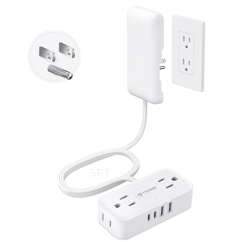 TROND 5FT Flat Extension Cord with Ultra-Thin Outlet Cover, Flat Wall Plug Power Strip with 4 AC 4 USB Ports, Hidden Outlet Extender for Tight Spaces, 10A/1250W, 900J Surge Protection, White - color: White, size: 5FT, style: With Outlet Cover
