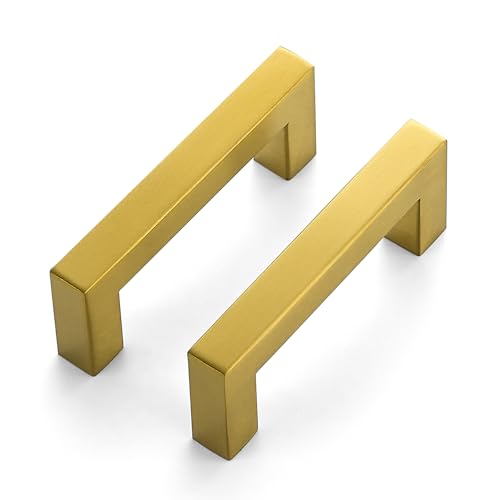 10 Pack Brushed Brass Cabinet Pulls, 3 Inch (76 mm) Hole Center Cabinet Handles, Square Kitchen Hardware for Doors, Drawers & Cupboards, Gold Stainless Steel, 3.5 Inch Overall Length - color: Brushed Brass Square, size: 3" Hole Center