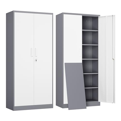 Yizosh Metal Garage Storage Cabinet with 2 Doors and 5 Adjustable Shelves - 71" Steel Lockable File Cabinet,Locking Tool Cabinets for Office,Home,Garage,Gym,School (Gray White) - color: Gray White, size: 71"H x 32"W x 16"D
