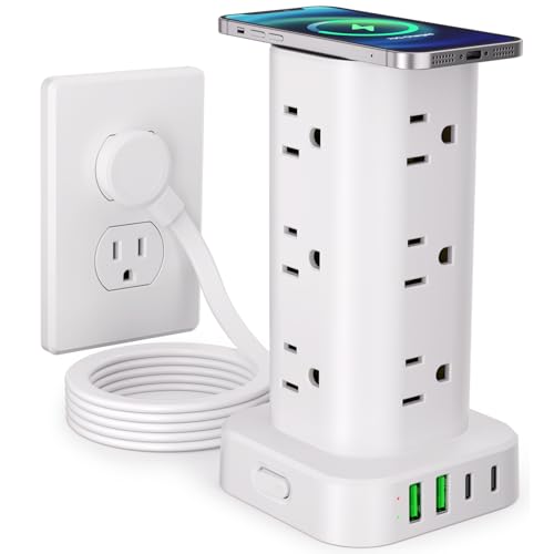 Power Strip Tower with Wireless Charger, Flat Plug Surge Protector Tower with 6FT Extension Cord, 12 AC Multiple Outlets, 4 USB (2 USB C),15W Wireless Charging Power Tower for Home Office Dorm, White - color: White, size: 6FT with Wireless Charging