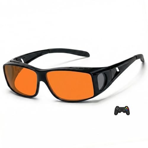 Gaming Fitover Glasses for Prescription Wearers, Headset Compatible, Amber-Tint Lenses Block Blue Light to Reduce Eyes Strain & Headaches, Enhance Focus for Esports & Gamers, Improve Sleep - color: Black Frame / Orange Lens