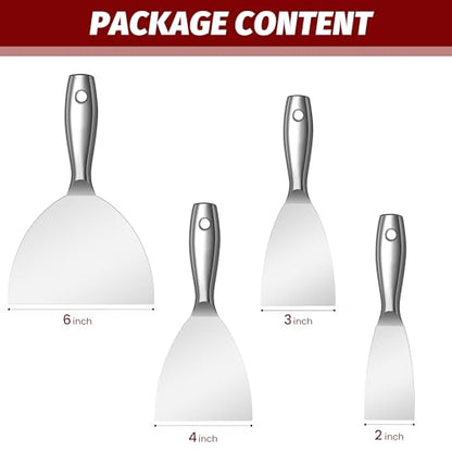 Putty Knife Set,4 PCS 2",3",4",6" One Piece Premium Polished All-Stainless Steel Scraper Tool for Drywall Finishing,Professional Grade Putty Blade for Scraping Paint, Taping