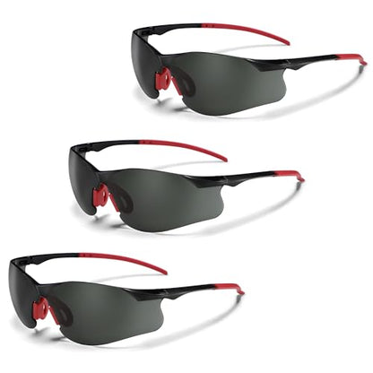 Safety Glasses Tinted 3 Pack, Protective Eyewear for Men Women UV Protection ANSI Z87.1, Safety Sunglasses Bulk Scratch Impact Resistant Eye Protection with Nose Pads for Construction Work Smoke - color: Smoke Lens/Red Temples, style: 3 Pack