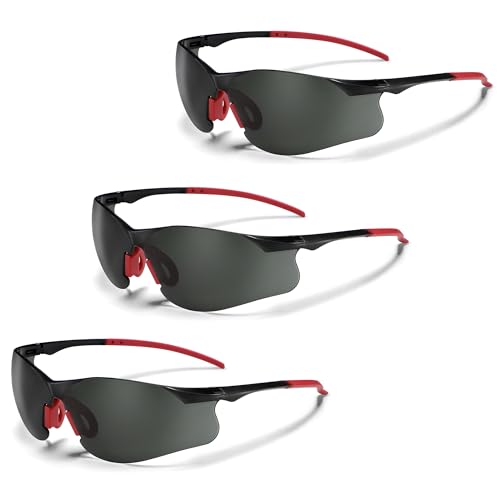 Safety Glasses Tinted 3 Pack, Protective Eyewear for Men Women UV Protection ANSI Z87.1, Safety Sunglasses Bulk Scratch Impact Resistant Eye Protection with Nose Pads for Construction Work Smoke - color: Smoke Lens/Red Temples, style: 3 Pack