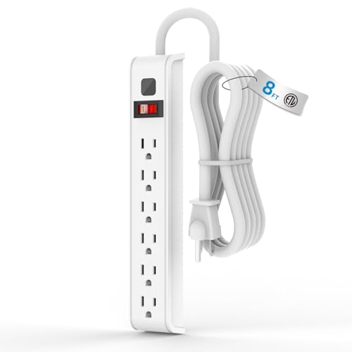 TiFFCOFiO Surge Protector Power Strip, 8 Feet Extension Cord, 600 Joules Surge Protection, Multiple Protection 6 Outlet Strip, 14 AWG Cord, 15A/1875W, ETL Listed - size: 8 FT, style: 1 PACK