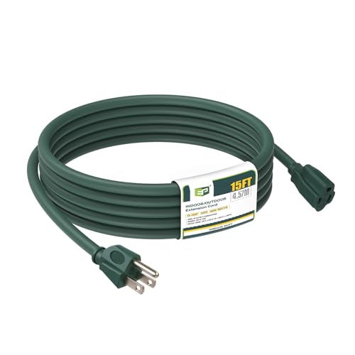 EP 15FT Green Outdoor Extension Cord, 16/3 SJTW Heavy Duty Waterproof, 3 Prong Grounded Plug, 13A 1625W 16AWG, Cold-Resistant Flexible Power Cable for Garden, Home, Christmas Lights - color: Green, size: 15ft-1PK