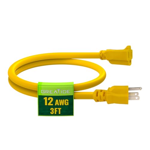 3 Ft Indoor Extension Cord - 12/3 SJTW Heavy Duty Yellow Extension Cable with 3 Prong Grounded Plug - Power Cord for Lawn, Garden, Appliances - color: Yellow, size: 3 FT