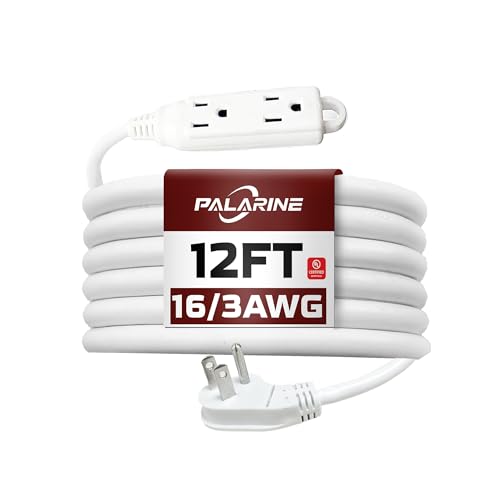 Indoor Extension Cord 3 Outlets Flat Plug Power Strip, UL Listed, 16 Gauge 12 ft White 3 Prong Heavy Duty, 16/3 SJTW 13A Outlet Extender - color: White, size: 12 FT