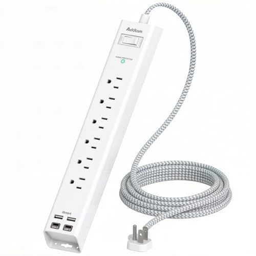 Addtam Power Strip Surge Protector - 2ft Short Extension Cord with 6 Outlets and 4 USB Ports (2 USB C), Ultra Flat Plug Wall Mount, Compact Charging Station for Travel Office Home - color: White(Braided Cord), size: 2 Ft