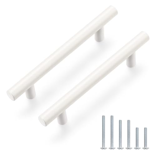 Probrico 5 Pack Hole Centers (96mm) 3.75inch White Kitchen Cabinet Handles Stainless Steel White Cabinet Pulls Round T Bar Pull Handle for Cabinets and Drawers Total Length 6inch - color: White, size: Hole Centers: 3-3/4"