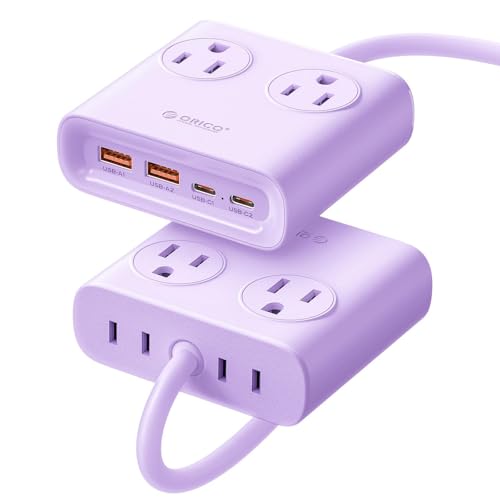 ORICO Power Brick, 25W GaN Power Strip, 8 in 1 Extension Cord with 4 AC Outlets and 2 USB-A and 2 USB-C Ports, 5ft Flat Plug Purple Outlet Extender for Home/Dorm/Travel-PDC (1 PCS) - color: Purple