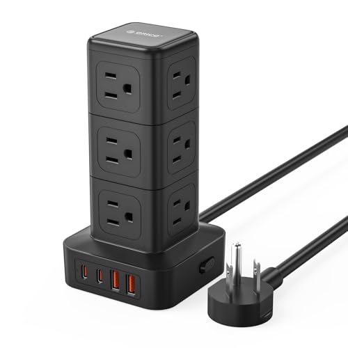 ORICO Tower Power Strip with Surge Protection, Charging Station Tower with 12 AC Outlets 4 USB Ports (2 USB C), Space Saving Design, 5FT Tower Extension Cord for Home, Office, Dorm - TPP20 - color: Black