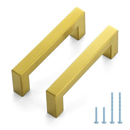 JOY DECOR 2 Pack Cabinet Handles, Gold Cabinet Pulls, 3-1/2 Inch Kitchen Handles Square Drawer Pulls Stainless Steel Drawer Hardware Handles, 89mm Hole Centers - size: 3-1/2 Inch Hole Center