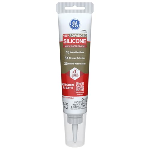 GE Advanced Silicone Caulk for Kitchen & Bathroom, Clear, 2.8 fl oz Tube, 1 Pack - 100% Waterproof Silicone Sealant, 5X Stronger Adhesion, Shrink & Crack Proof - color: Clear, size: Pack of 1