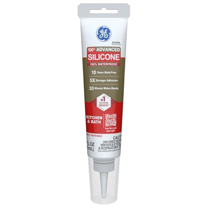 GE Advanced Silicone Caulk for Kitchen & Bathroom, Clear, 2.8 fl oz Tube, 1 Pack - 100% Waterproof Silicone Sealant, 5X Stronger Adhesion, Shrink & Crack Proof - color: Clear, size: Pack of 1