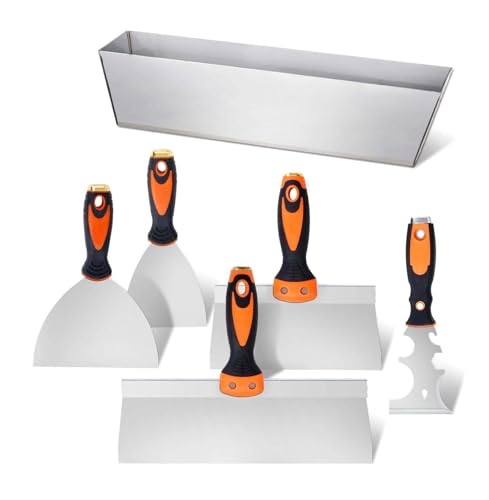 Drywall Knife Set 6PC - Stainless Steel Putty Knives - 3, 4, 6, 8, 12 Inch with Mud Pan for Painting, Spackling, Wall Repair & Home Improvement