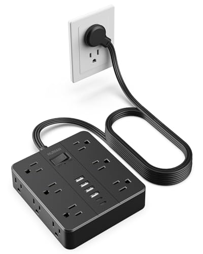 Surge Protector Power Strip 15 Ft Cord, HUNIAN Flat Plug Extension Cord with 12 Widely Spaced Outlets 6 USB Charger (2 USB C Ports), Desk Charging Station for Home Office Supplies, Dorm Room, Black - color: Black, size: 15FT