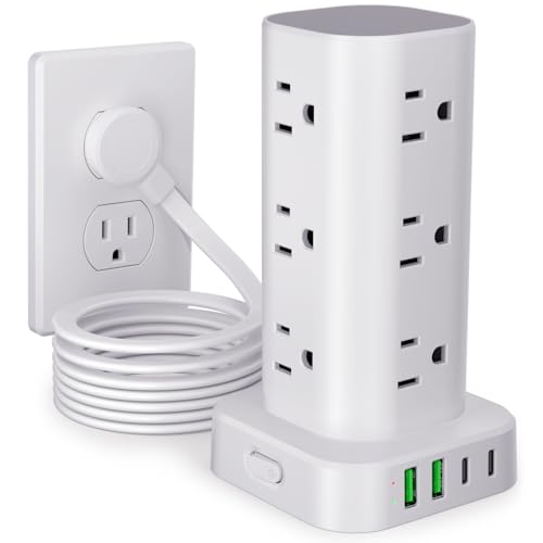 Power Strip Tower with Multiple Outlets, Flat Plug Surge Protector Tower Extension Cord with 12 AC Outlets 4 USB Ports (2 USB C), 10FT Cord Power Tower Surge Protector for Home Office Dorm Room, White - color: White, size: 10FT without Wireless Charging