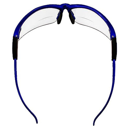 Global Vision Contender Bifocal Safety Glasses Blue Frame Clear Lens ANSI Z87+ for Men and Women Magnifying Reader 1.0 to 2.5 - size: 2.50
