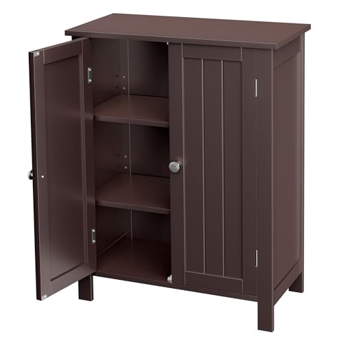 SUPER DEAL Modern Bathroom Floor Storage Cabinet with Adjustable Shelf and Double Door Rust Proof, Living Room Modern Home Furniture Storage Organizer Cabinet, Brown - color: Brown