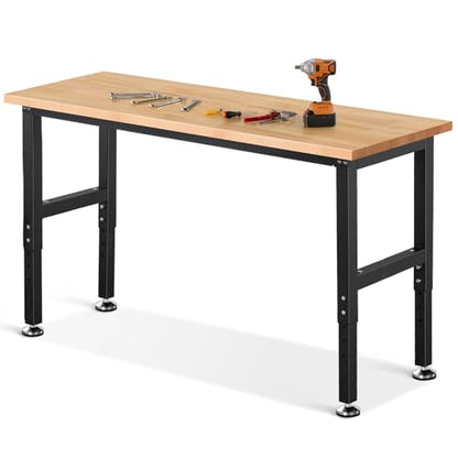 ENJOYWOOD 60" x 22" Heavy Duty Workbench Adjustable Height Garage Work Table with Solid Rubberwood Top for Workshop, Home & Office - size: Medium