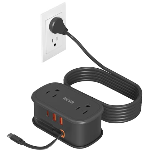 Travel Power Strip, BEVA 5ft Flat Plug Extension Cord with Retractable USB C Cable, Portable Power Strip Flat Plug 2 Outlets 3 USB Ports, Compact for Travel Hotel Cruise Essentials (Black) - color: Black