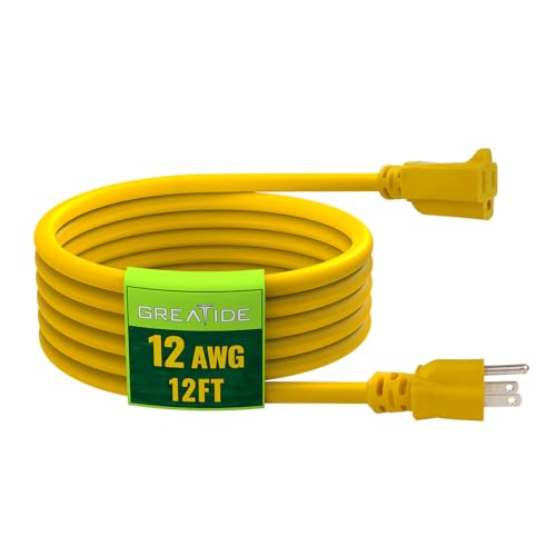 12 Ft Outdoor Extension Cord - 12/3 SJTW Heavy Duty Yellow Extension Cable with 3 Prong Grounded Plug - Power Cord for Lawn, Garden, Appliances - color: Yellow, size: 12 FT