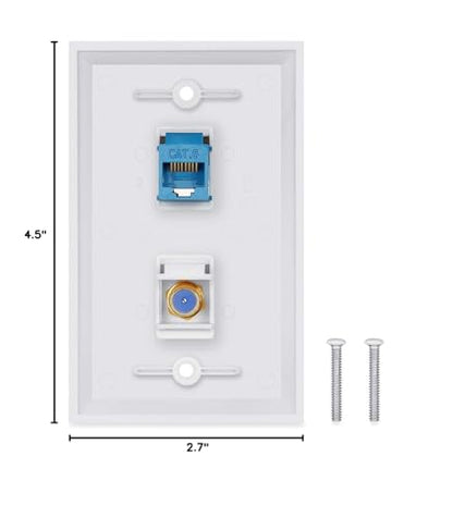 Ethernet Coax Wall Plate 2Pack,1 Cat6 Ethernet Port and 1 Gold-Plated Cable TV Coax F Type Port Wall Plate (White)