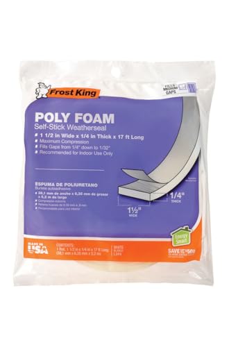 Frost King L344H Poly Foam Self-Stick Weatherseal Tape with Open Cell & Maximum Compression, White 1-1/2in Wide x 1/4in Thick x 17ft Long - size: 1-1/2"W, 1/4"T (Pack of 1)