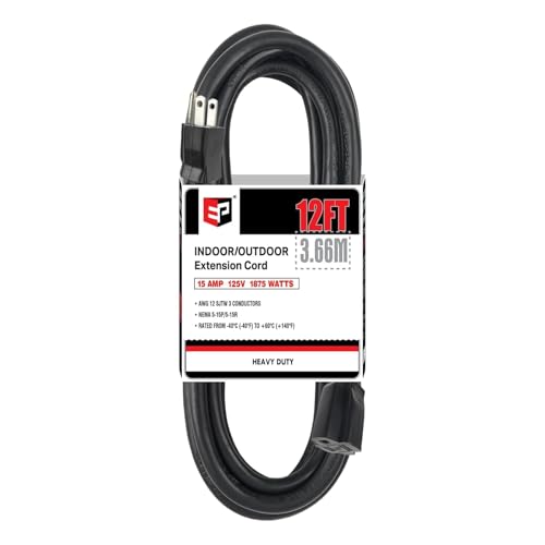 EP 12/3 12 FT Indoor Outdoor Black Extension Cord Waterproof, 12 Gauge 3 Prong Power Cord Flexible Resistant Appliance Extension Cable Electric Cable Outside, 15A 1875W 12AWG SJTW, ETL Listed - color: Black, size: 12ft