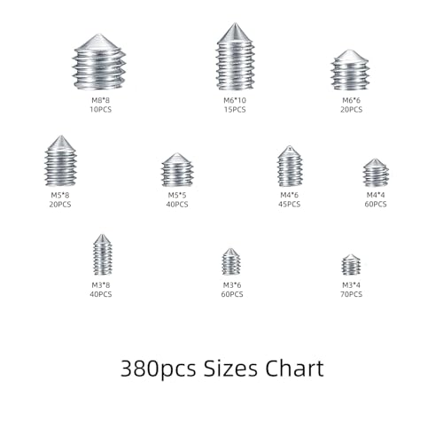 380 Pcs M3 M4 M5 M6 M8 Set Screw Assortment Kit, 304 Stainless Steel Hex Socket Cup Point Grub Screws for Door Handles, Bathroom Fixtures, Furniture Repair - 10 Sizes Allen Head Screws