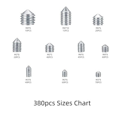 380 Pcs M3 M4 M5 M6 M8 Set Screw Assortment Kit, 304 Stainless Steel Hex Socket Cup Point Grub Screws for Door Handles, Bathroom Fixtures, Furniture Repair - 10 Sizes Allen Head Screws