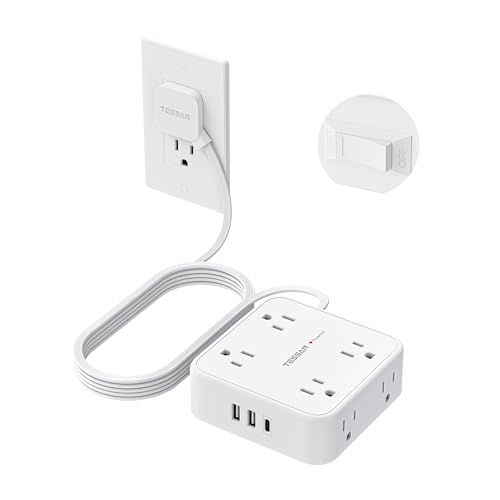 TESSAN Surge Protector Power Strip, 10 Ft Flat Plug Extension Cord with 3 USB (1 USB C) 8 Outlets, 1250W, 900J Protection, 3 Sided Outlet Extender with Power Switch for Office, Dorm Room, White - color: White with 1 USB C, size: 10 Feet