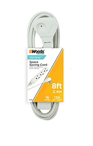 Woods SlimLine Indoor Flat Extension Cord, 8 Ft, 16 Gauge Right Angle Plug, 3 Polarized Outlets, 125 Volts, White, 2241 - size: 8 Foot (Pack of 1)