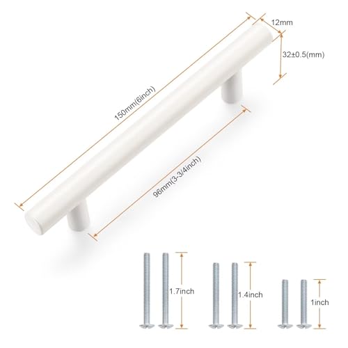 Probrico 5 Pack Hole Centers (96mm) 3.75inch White Kitchen Cabinet Handles Stainless Steel White Cabinet Pulls Round T Bar Pull Handle for Cabinets and Drawers Total Length 6inch - color: White, size: Hole Centers: 3-3/4"