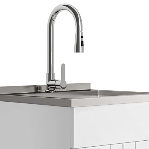 SIMPLIHOME Modern Wide Shaker All-in-One 24 inch Wide Utility Sink and Laundry Cabinet in Pure White Finish, Transitional Stainless Steel Sink Cabinet for Laundry Rooms with High-Arch Chrome Faucet - color: White, size: 24 Inch