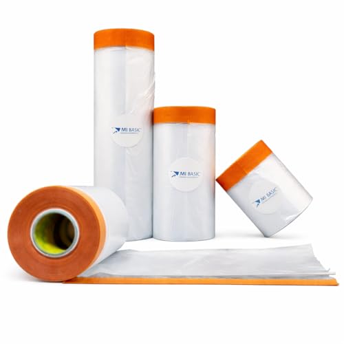 Pre-Taped Masking Film Sets – 3-Rolls, Orange Tape and Drape Painters Plastic Sheeting for Painting, High Visibility Paint Plastic Covering Overspray Protection - 65 Feet (59 x 35 x 18 Inch)