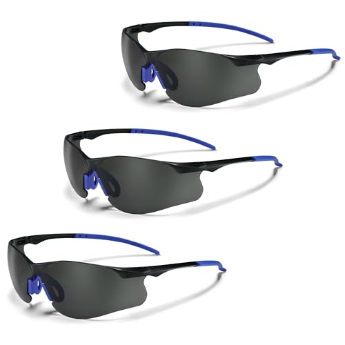 Safety Glasses Tinted 3 Pack, Protective Eyewear for Men Women UV Protection ANSI Z87.1, Safety Sunglasses Bulk Scratch Impact Resistant Eye Protection with Nose Pads for Construction Work Smoke - color: Smoke Lens/Blue Temples, style: 3 Pack