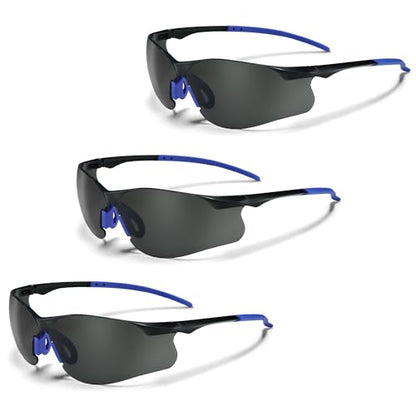 Safety Glasses Tinted 3 Pack, Protective Eyewear for Men Women UV Protection ANSI Z87.1, Safety Sunglasses Bulk Scratch Impact Resistant Eye Protection with Nose Pads for Construction Work Smoke - color: Smoke Lens/Blue Temples, style: 3 Pack