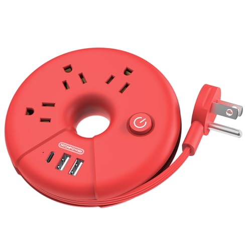 Travel Power Strip, NTONPOWER Desktop Charging Station with 3 Outlets 3 USB Short Wrapped Extension Cord 3ft for Travel, Cruise Ships, Office, Nightstand, Red - color: Red