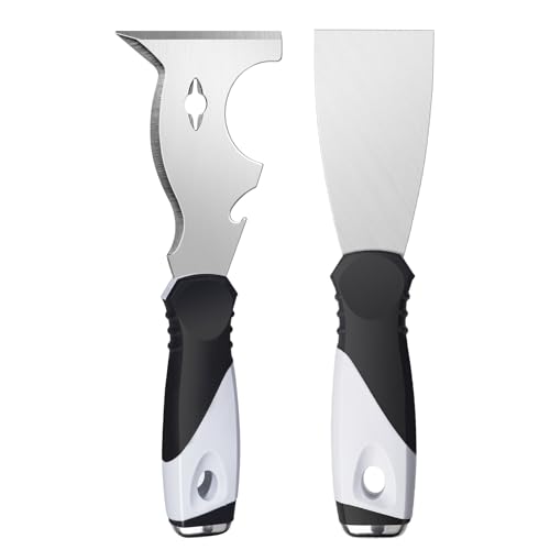 Mister Rui 2 Pack Putty Knife Set, 10 in 1 Paint Scraper Tool with 2 Inch Stainless Steel Painters Tool, Paint Scraper for Painting & Wood, Metal Scraper - color: 2" and 10 in 1 Putty Knife