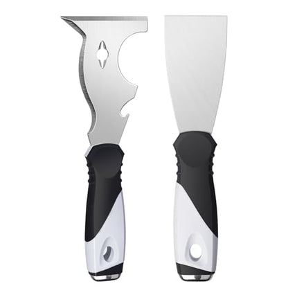 Mister Rui 2 Pack Putty Knife Set, 10 in 1 Paint Scraper Tool with 2 Inch Stainless Steel Painters Tool, Paint Scraper for Painting & Wood, Metal Scraper - color: 2" and 10 in 1 Putty Knife