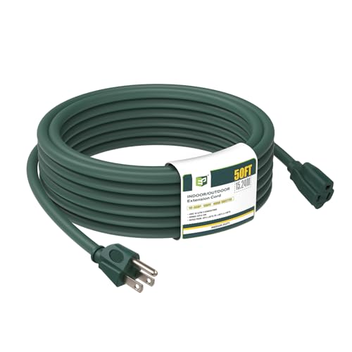 EP 50FT Green Outdoor Extension Cord, 16/3 SJTW Heavy Duty Waterproof, 3 Prong Grounded Plug, 13A 1625W 16AWG, Cold-Resistant Flexible Power Cable for Garden, Home, Christmas Lights - color: Green, size: 50ft-1PK