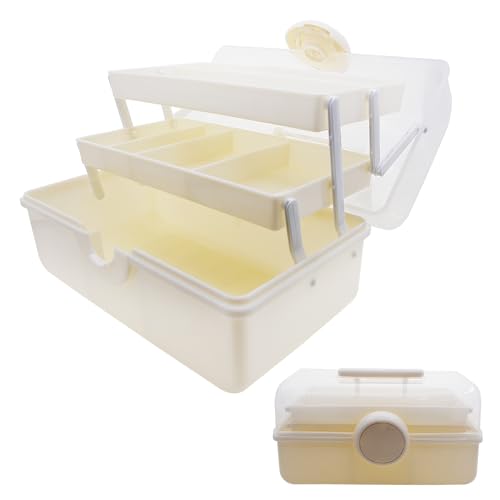 Craft Organizers and Storage,Plastic Box with 3-Tier Fold Tray and Handle,Portable Lockable Container for Arts, Crafts,Cosmetic, Sewing, Toy, Washi Tape(Cream Color) - size: Medium Cream