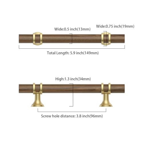 Asidrama 10 Pack 3.75 Inch(96mm) Wood and Gold Cabinet pulls Kitchen Cabinet Handles, Cabinet Pulls Kitchen Cabinet Hardware for Cupboard Drawer Pulls - color: wood and gold, size: 3.75" Hole Center, style: 10 Pack