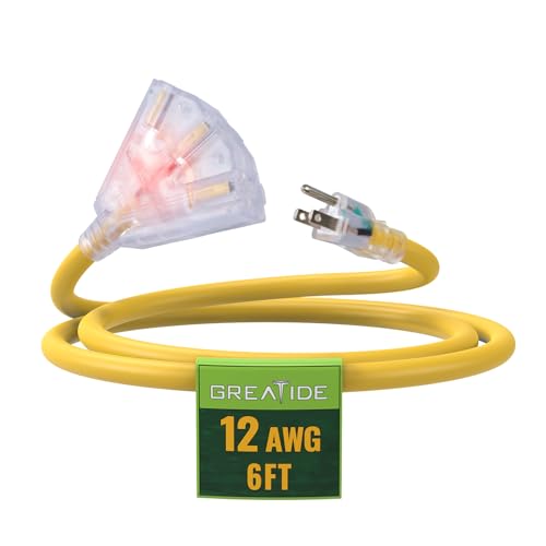 6 Ft Lighted Outdoor Extension Cord with 3 Electrical Power Outlets - 12/3 SJTW Heavy Duty Yellow Extension Cable with 3 Prong Grounded Plug for Safety, UL Listed - color: Yellow, size: 6ft